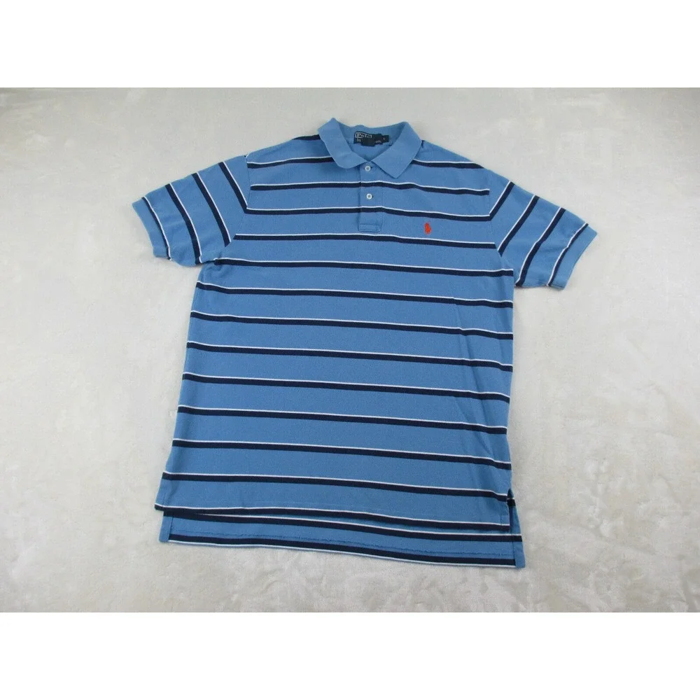 Ralph Lauren Polo Shirt Mens Large Blue Orange Pony Striped Cotton‎ Casual*